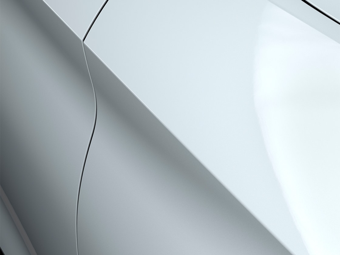 Seat Leon in Bianco Glacial con finitura metallizzata, in primo piano.