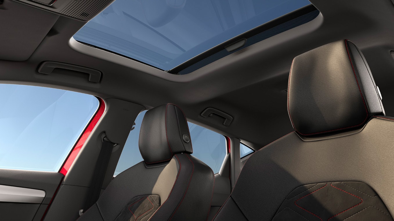 Vista interna di un’auto Seat con tetto panoramico e passeggero con un vivace abito rosso, che mette in risalto il design spazioso dell’abitacolo.