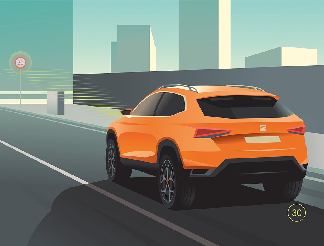 SEAT Tarraco mentre si avvicina ad un segnale stradale con riconoscimento segnali stradali