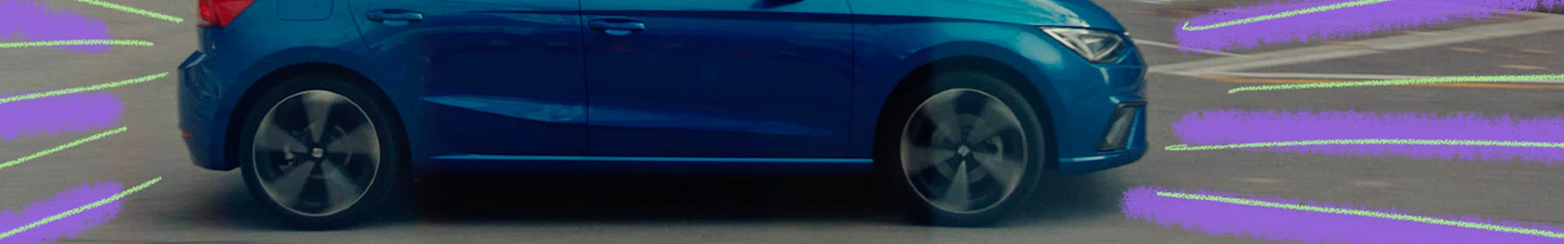 Side view of a blue Ibiza on the street, highlighted in purple and green.